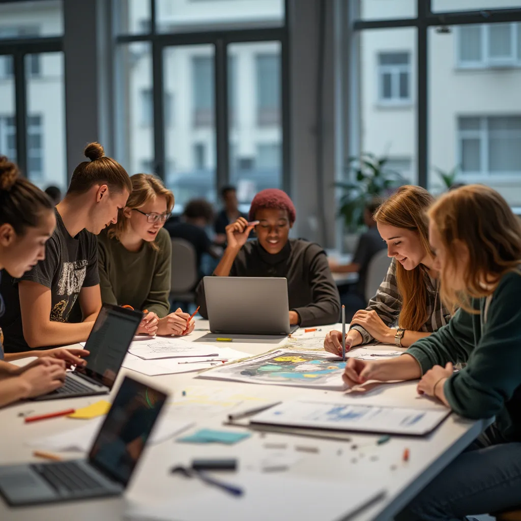 Estudiantes colaborando en un proyecto de diseño en un aula moderna