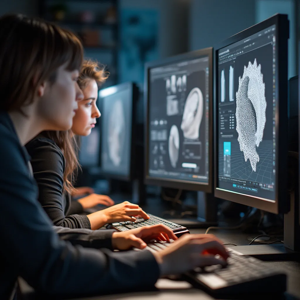 Estudiantes trabajando en computadoras con software de diseño avanzado